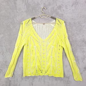 Free People Spray Highlighter Neon Yellow Cable Knit Pullover Sweater Size M